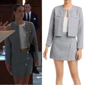 Aqua Two- Piece Set Quilted Cropped Jacket and Skirt Heather Gray Sz M